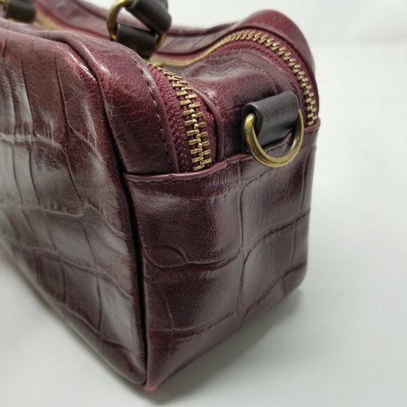 Badgley Mischka Dark Burgundy Red Faux Croc Embossed Leather & Brown Handbag - Picture 11 of 16